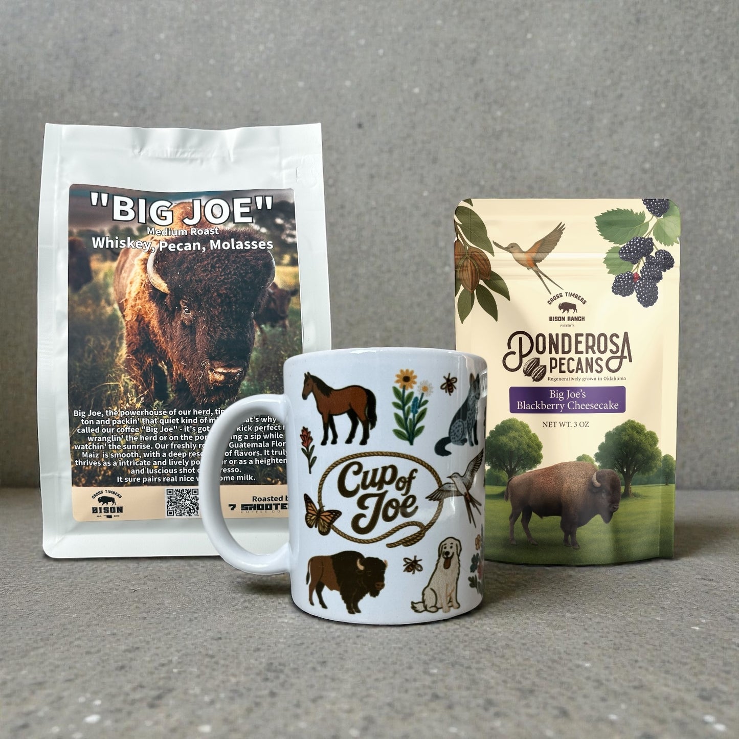Big Joe Bundle - Coffee, Cup of Joe Mug & Blackberry Cheesecake Pecans