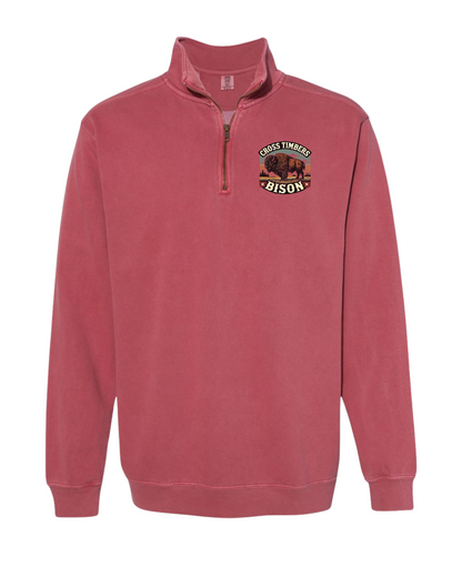 Crimson Comfort Colors Quarter Zip Sweatshirt – Cross Timbers Bison Sunset Logo