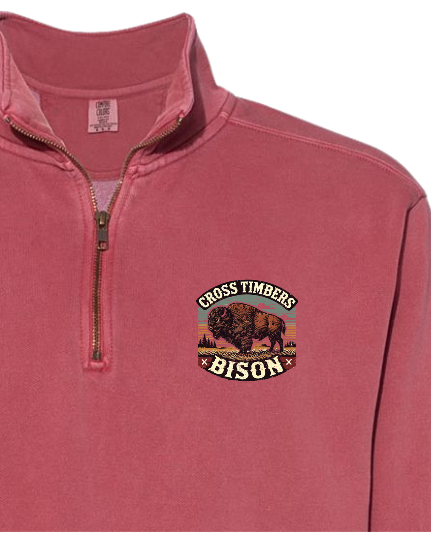 Crimson Comfort Colors Quarter Zip Sweatshirt – Cross Timbers Bison Sunset Logo