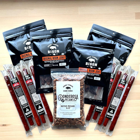 Bison Jerky & Snack Bundle – High-Protein Jerky, BBQ Snack Sticks & Native Pecans