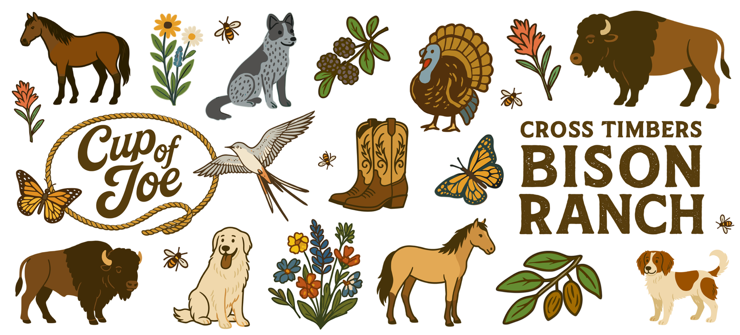Illustrations of animals, plants, and 'Cup of Joe' branding with 'Cross Timbers Bison Ranch' text.